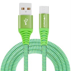 (1016593) Кабель Crown USB - microUSB CMCU-3102M green; круглый; в тканевой оплётке; коннекторы Метал; ток 2А; 100 см; цвет зелёный - фото 32236
