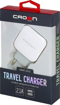 (1020073) Сетевое универсальное зарядное устройство Crown CMWC-3022; два порта зарядки; входное напряжение 100-240В; выходной ток USB1: DC 5В—2,1А; USB2: DC 5В—1А - фото 40849
