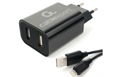 (1028605) Адаптер питания Cablexpert MP3A-PC-36 USB 2 порта, 2.4A, черный + кабель 1м lightning - фото 47390